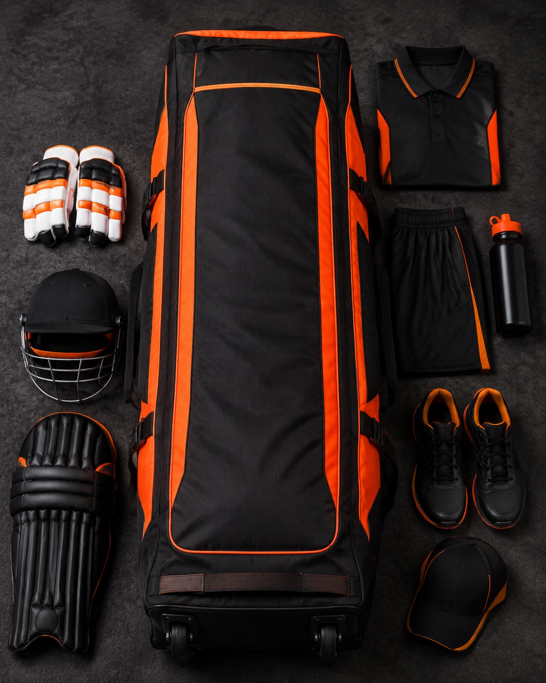 Large wheeled cricket kit bag, flat lay on dark charcoal
