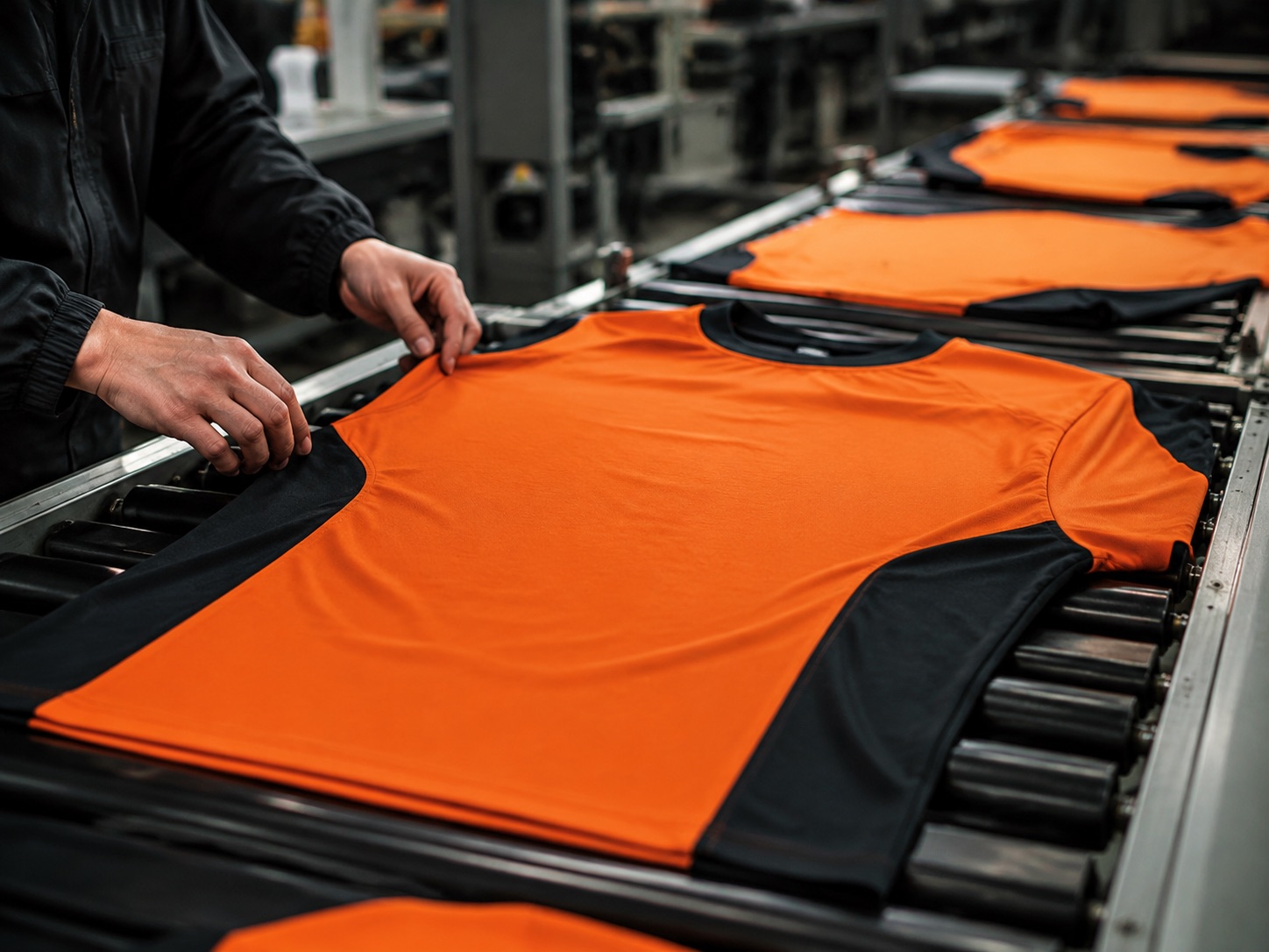 Bundled cut sportswear panels moving through an assembly line
