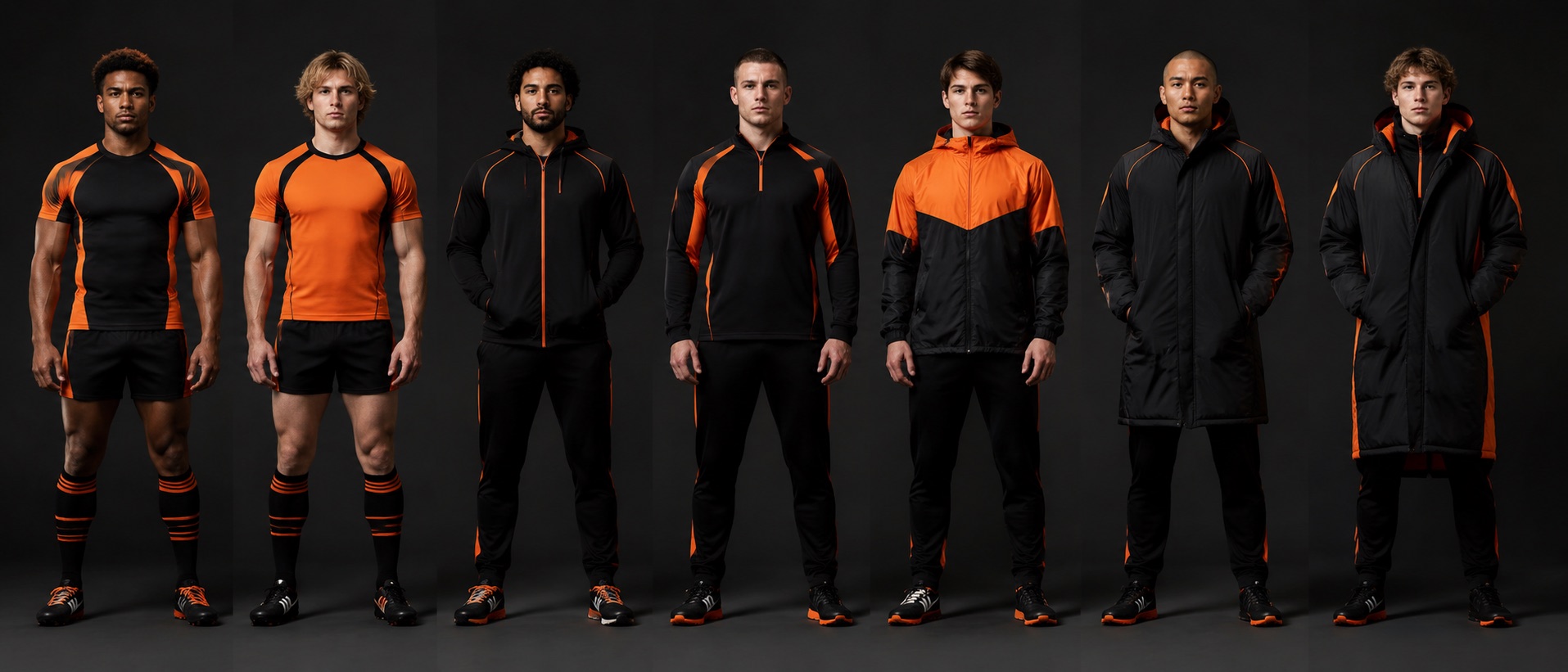 Rugby players side by side wearing every layer of the same club range, from tight-fit match jersey to bench jacket