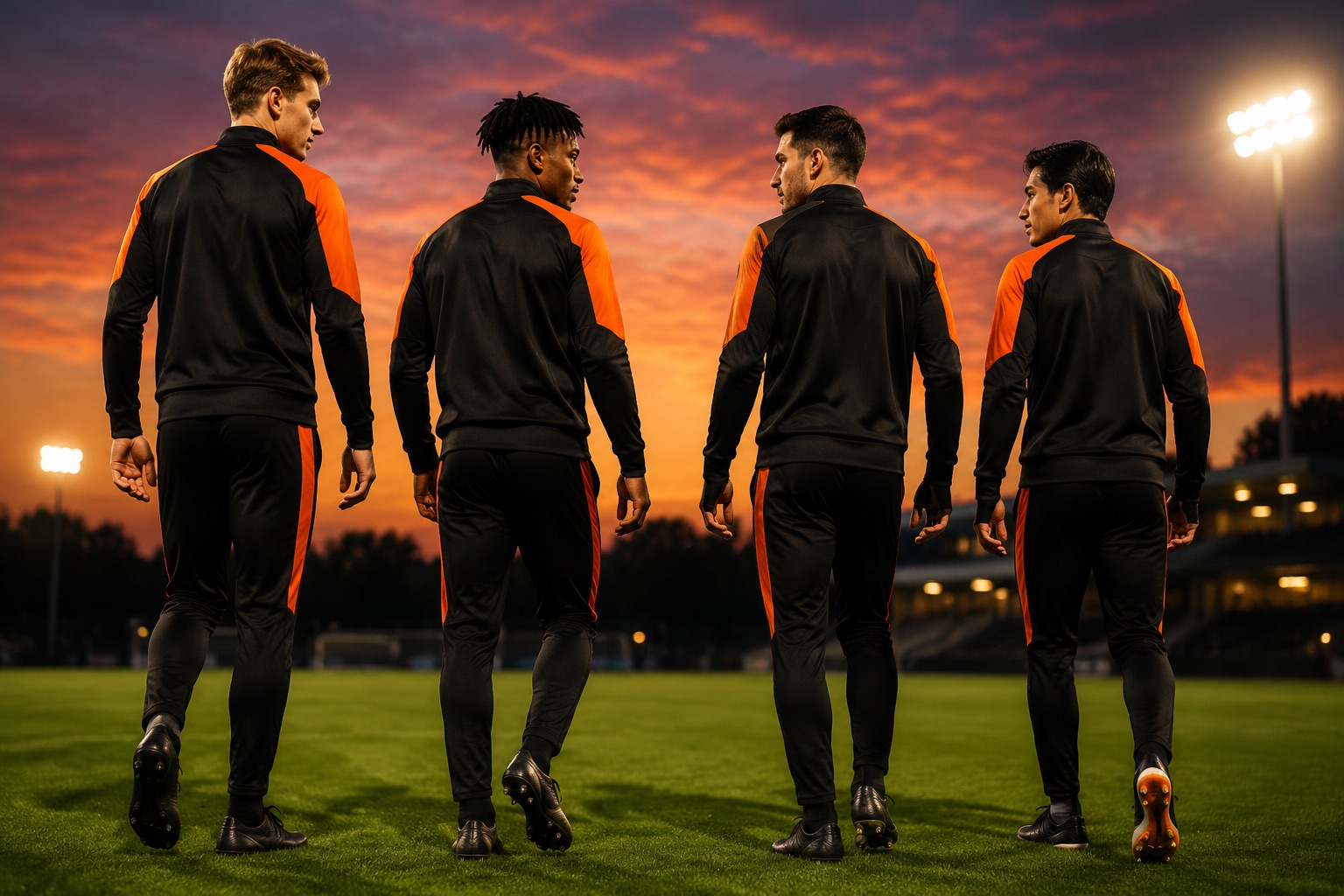 Football players in matching orange and black tracksuits walking off a pitch