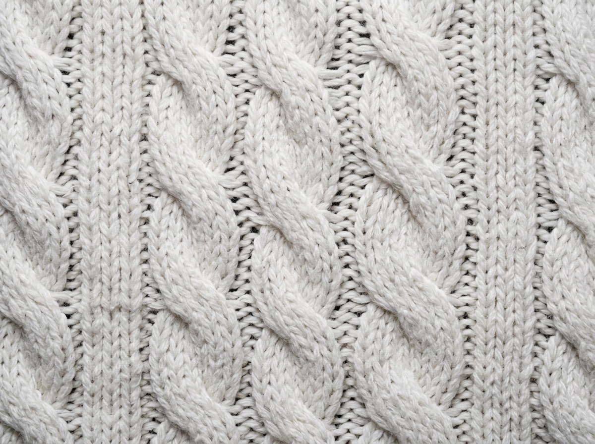 Extreme macro of white acrylic cable-knit cricket sweater fabric
