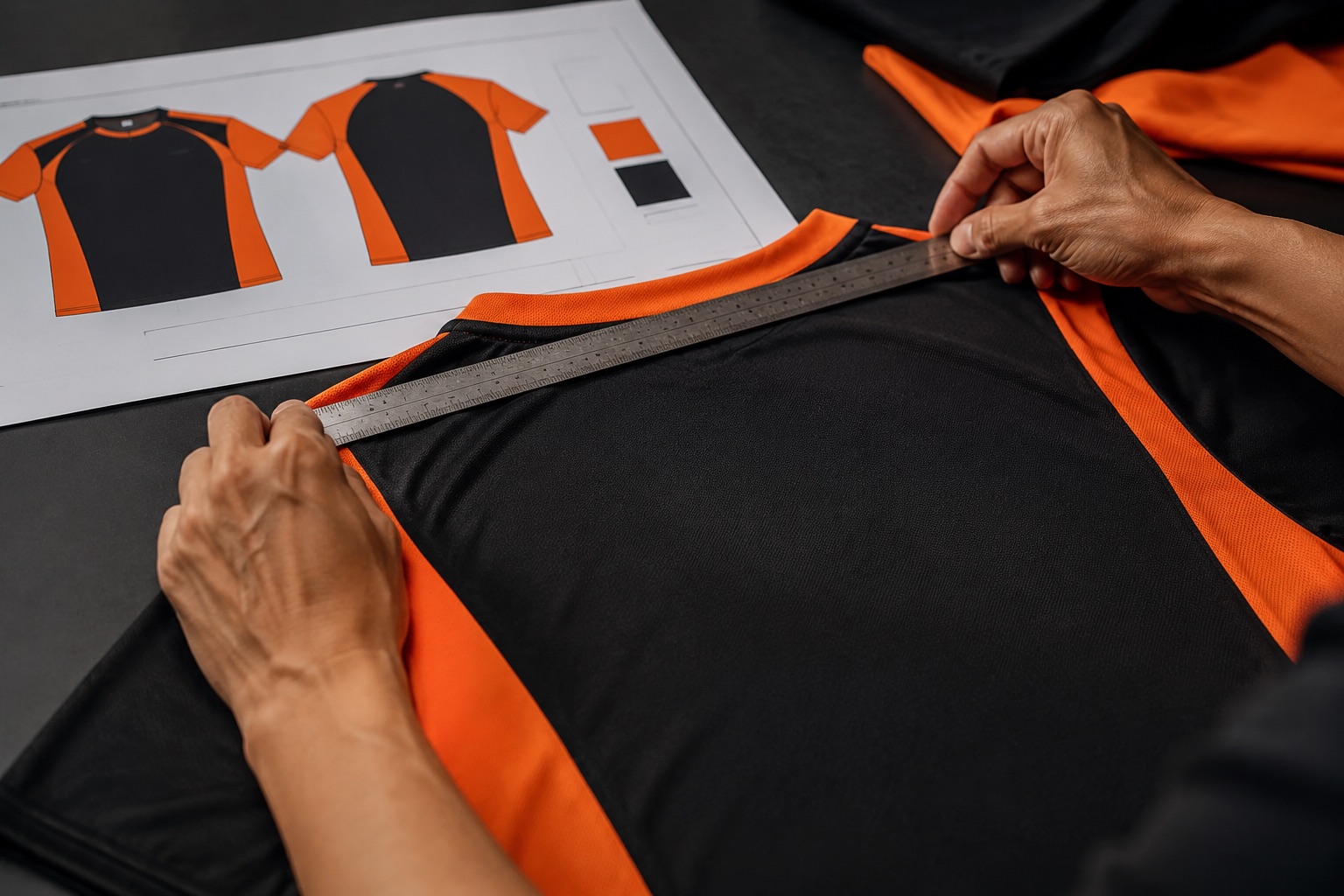 Close detail of a garment being measured against a marked specification sheet