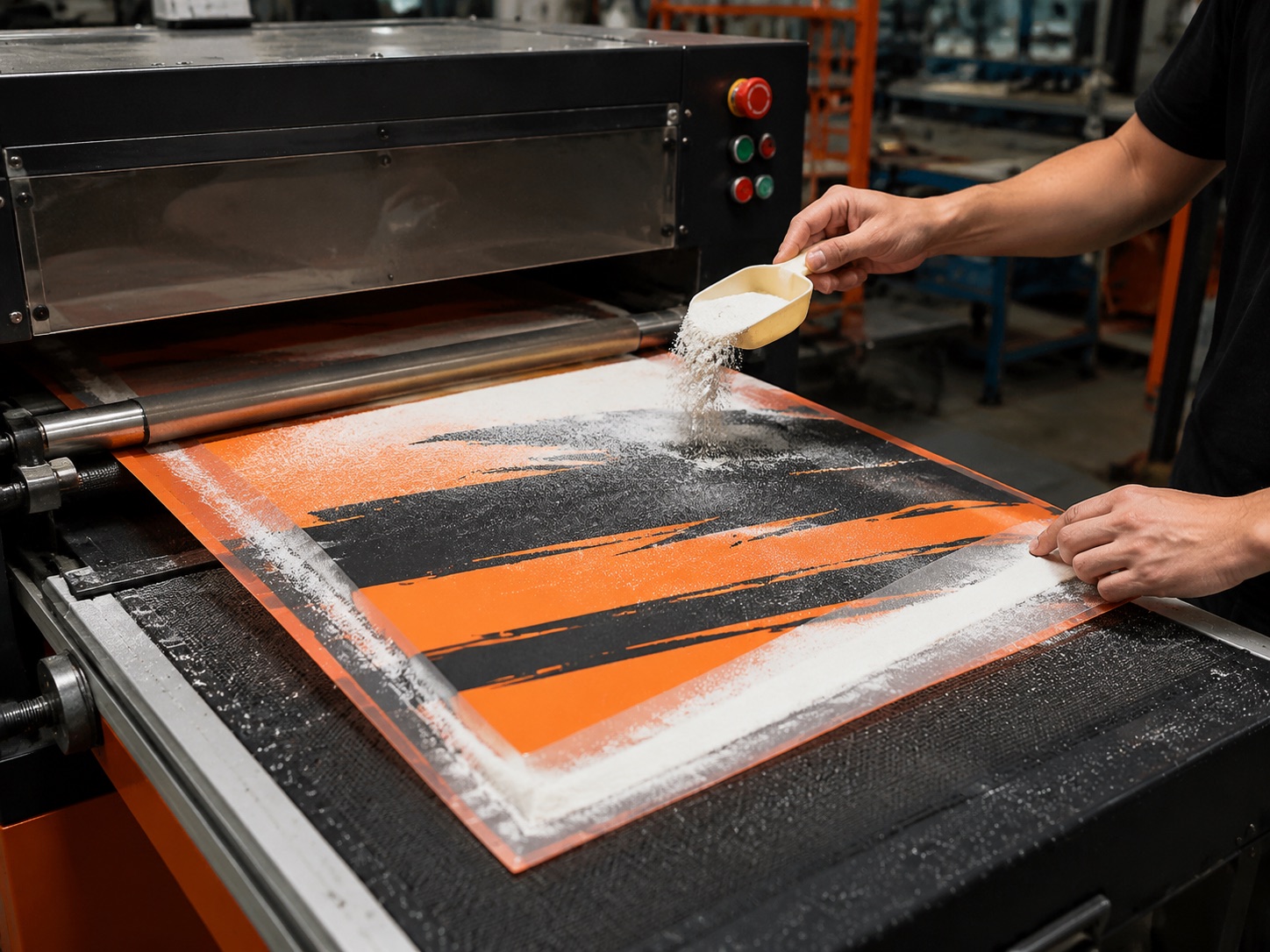 Adhesive powder being applied to a printed transfer film before curing