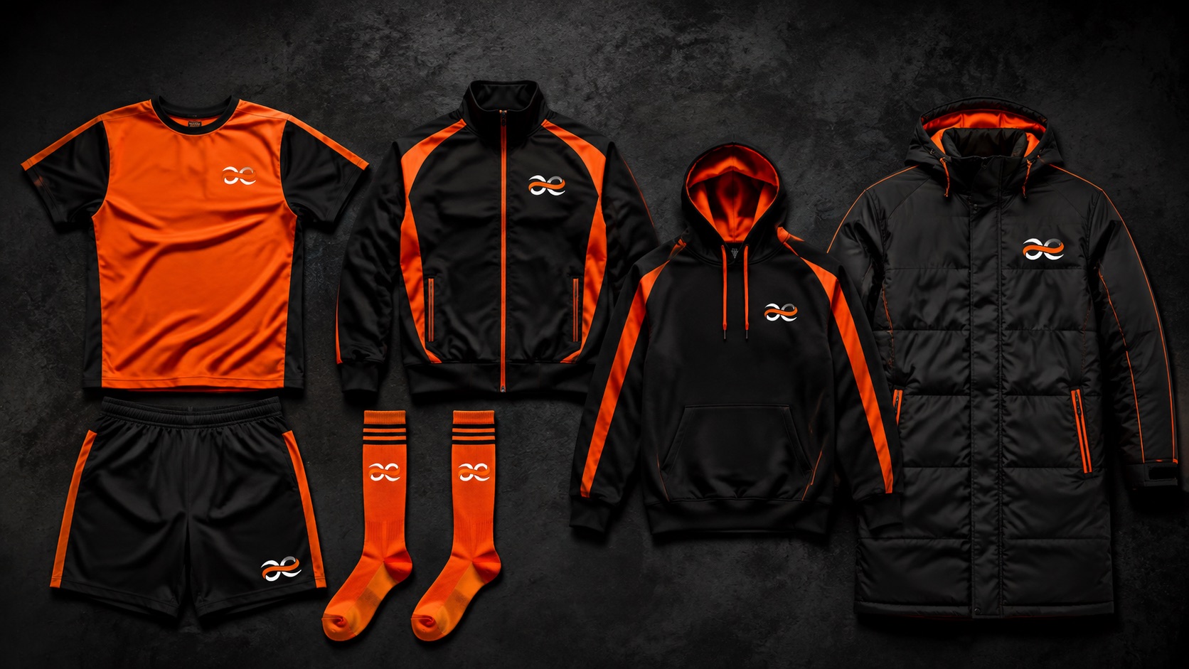 Range of custom orange and black teamwear laid out together — match jerseys, shorts, tracksuit, hoodie and socks