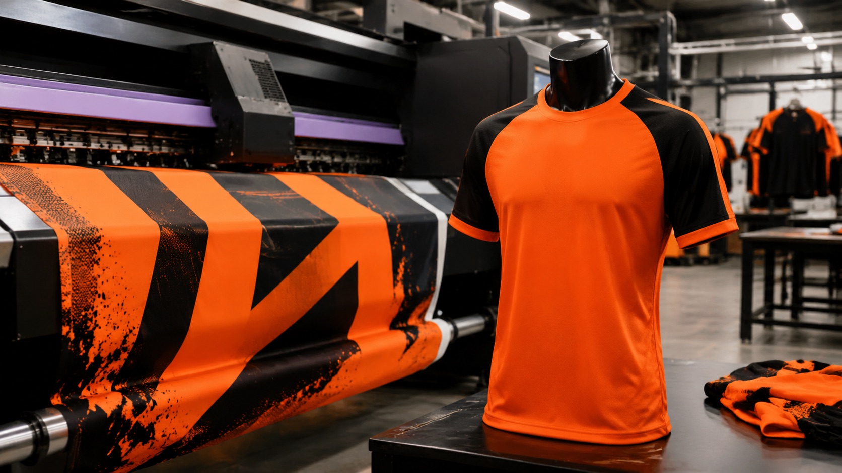 Wide-format Mimaki sublimation printer producing a full-colour sportswear panel in an apparel factory