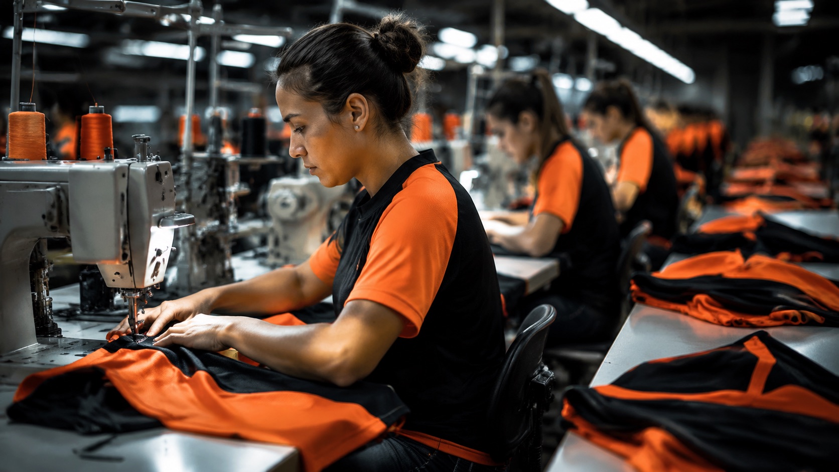 Row of industrial sewing machines with operators assembling sportswear panels in a factory