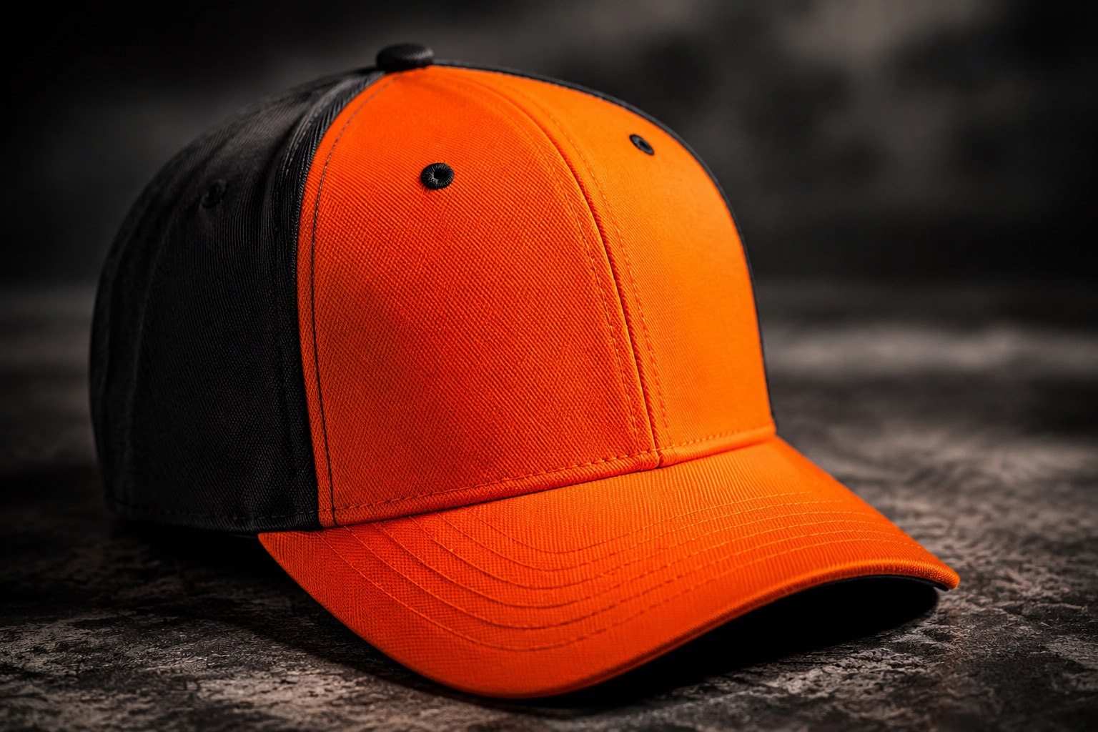 Close detail of a fitted baseball cap with an embroidered crest on the front panel