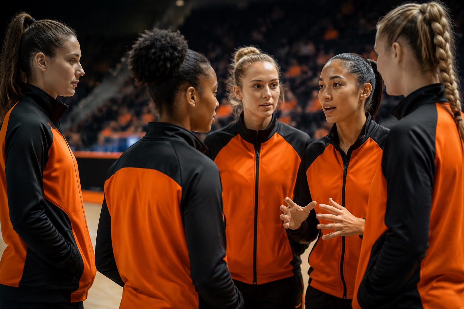 Netball players in matching warm-up jackets courtside