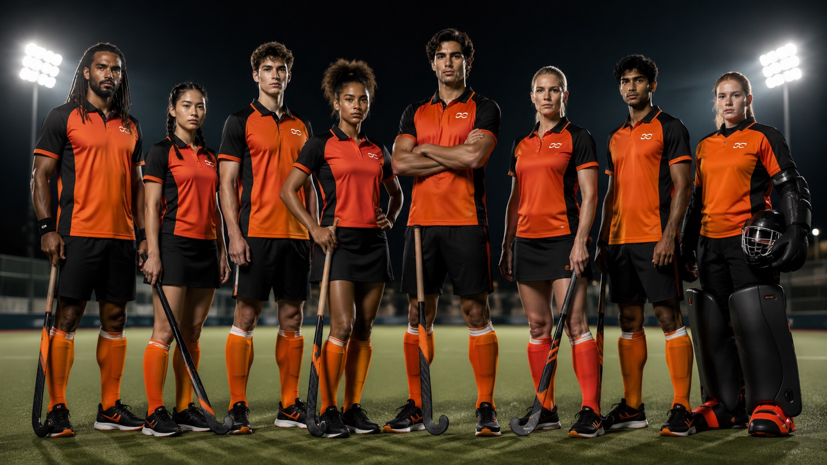 Field hockey squad in custom orange and black Addahar match kit lined up on a floodlit astroturf pitch