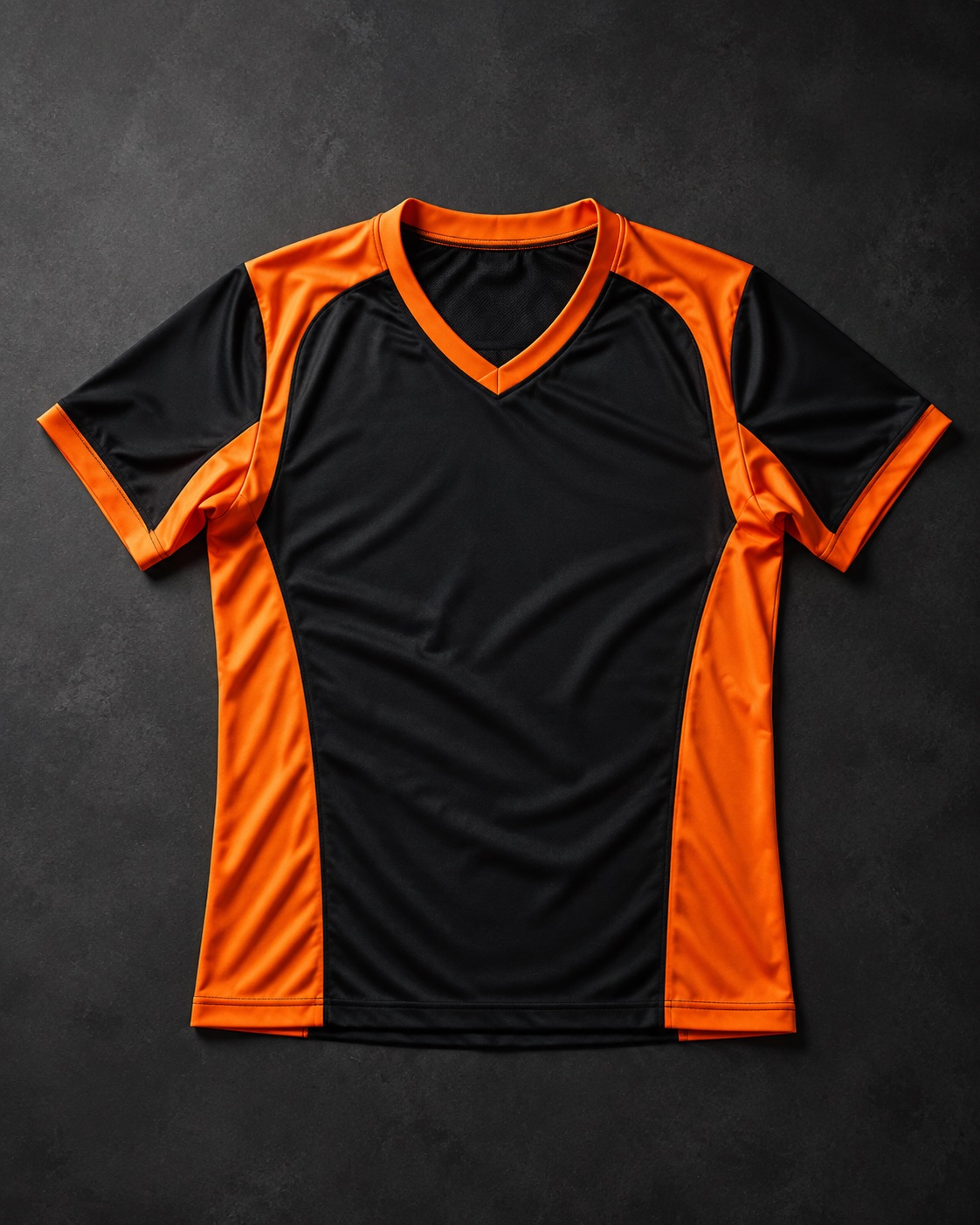 Custom volleyball match jersey, flat lay on dark charcoal
