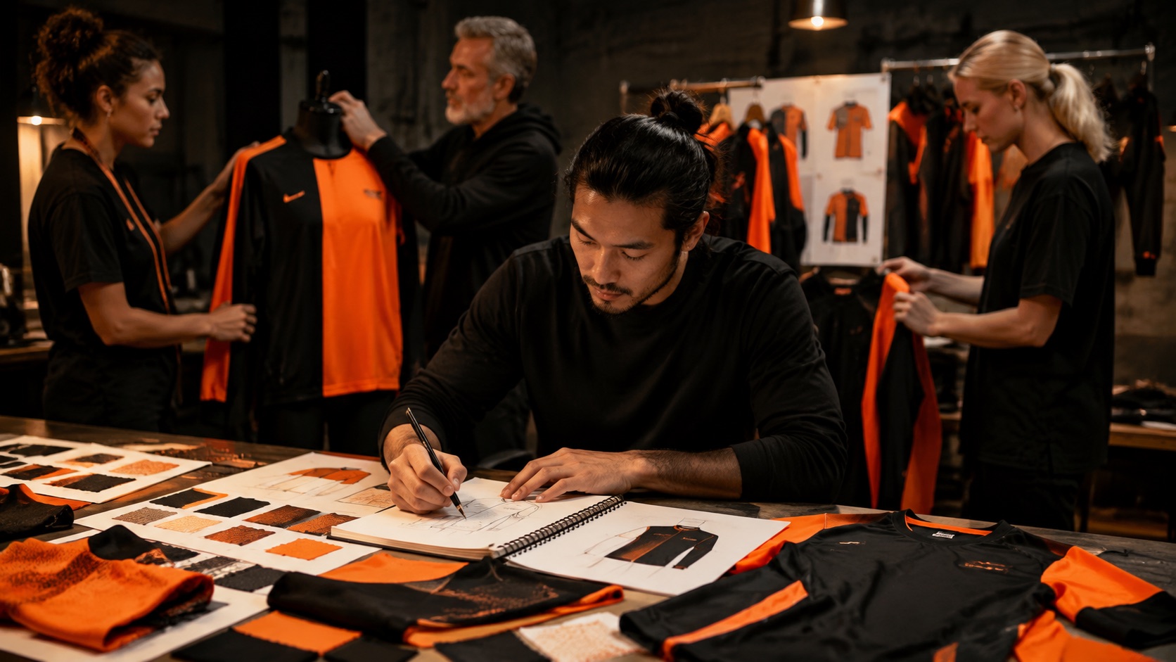 Apparel designer sketching sportswear concepts beside fabric swatches and samples