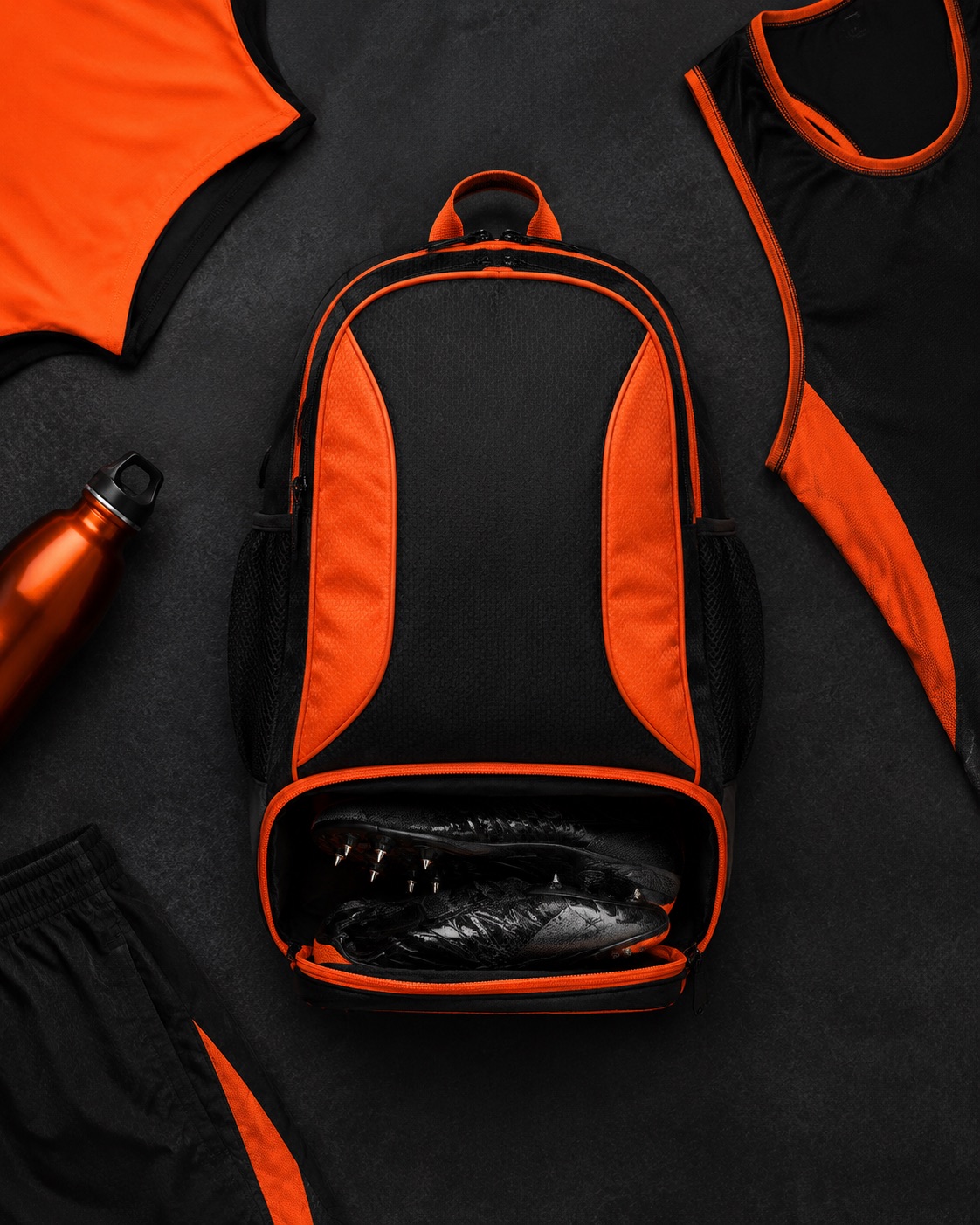 Athletics squad backpack with a spikes compartment, flat lay