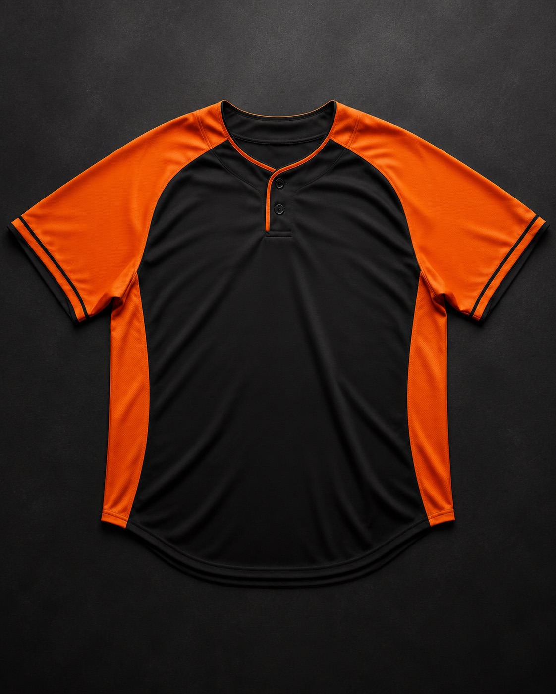 Custom two-button pullover baseball jersey, flat lay on dark charcoal
