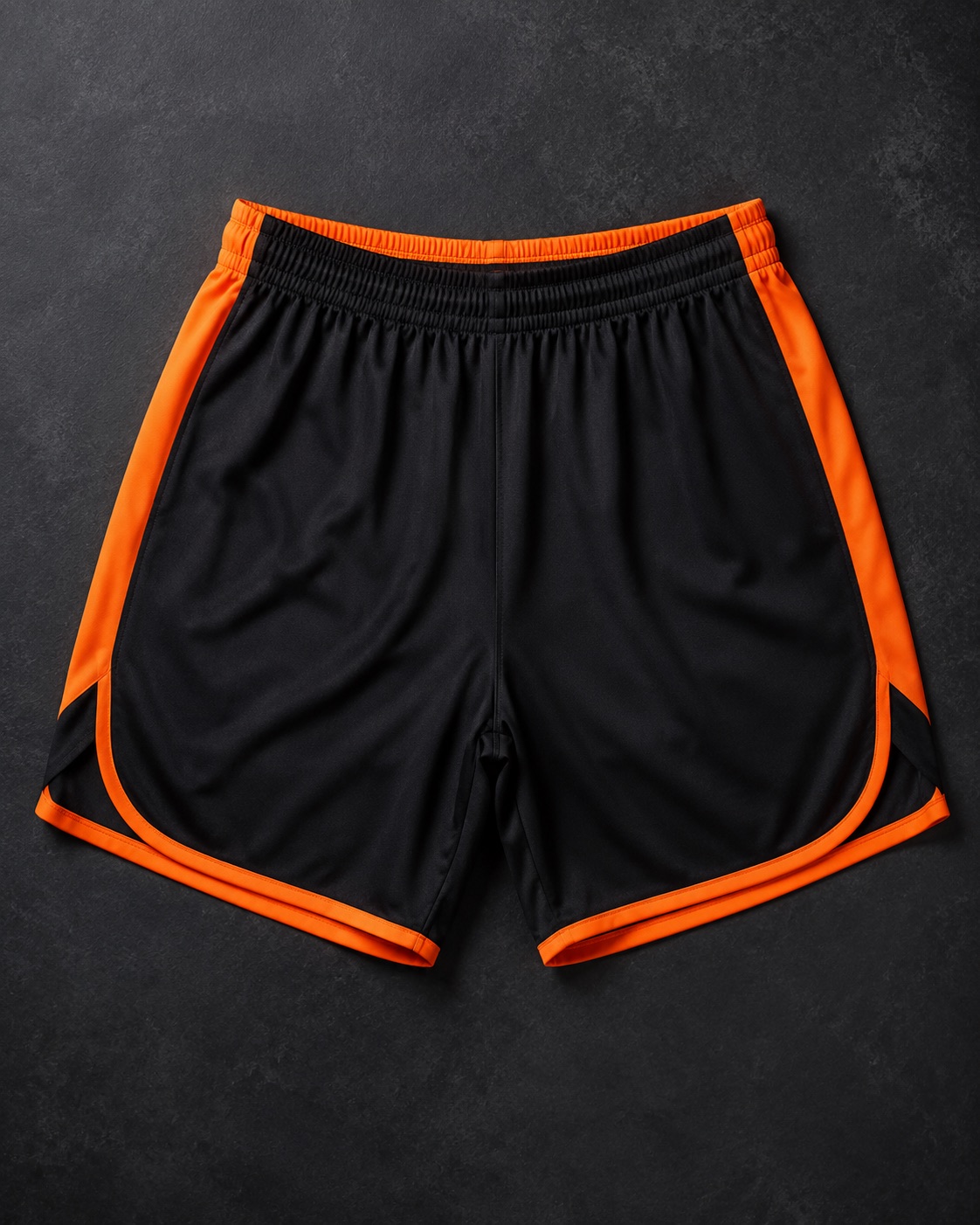 Field hockey match shorts with contrast trim, flat lay on dark charcoal