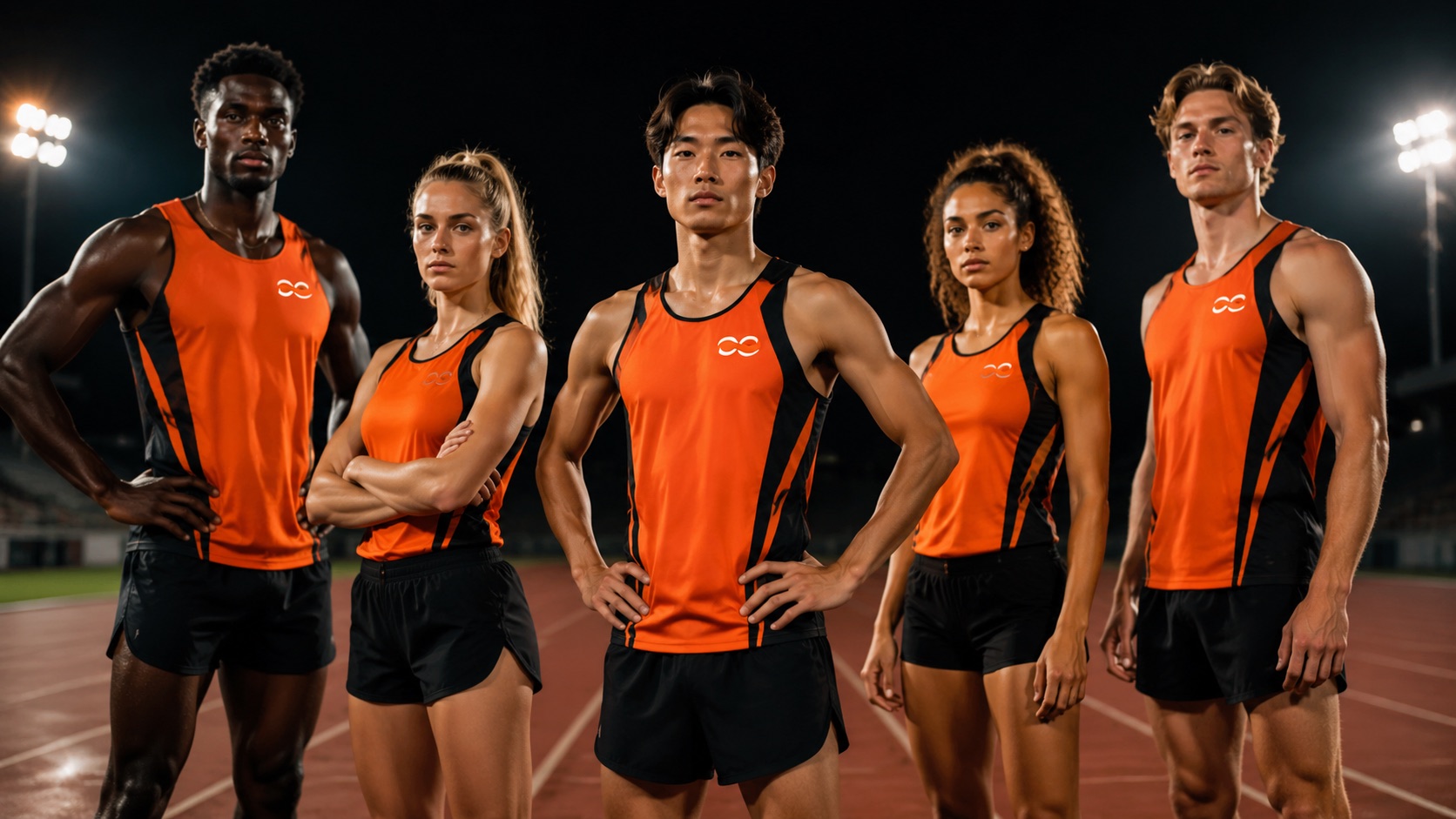 Athletics squad in custom orange and black Addahar vests and shorts on a floodlit running track